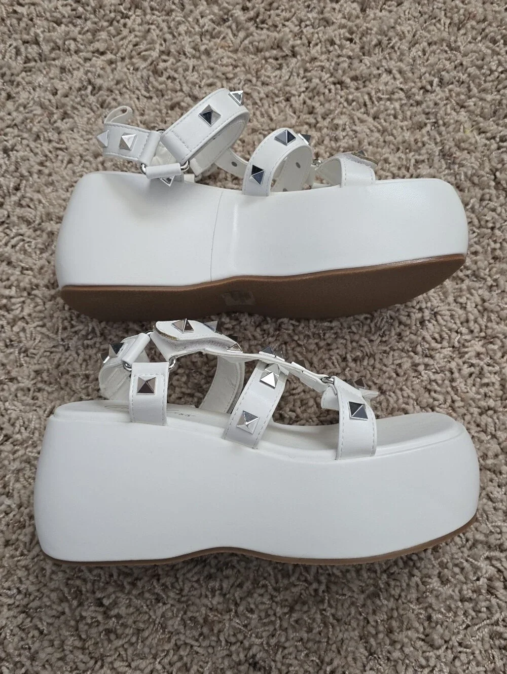 Pink Kiss Frankie White Studded Platform Velcro Sandals - women's 7